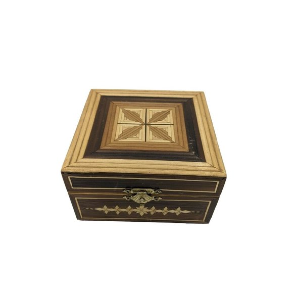 VTG Slat Texture Bamboo Wood Cover Trinket Stash Jewelry Box 4.5" x 4.5" - Picture 1 of 7